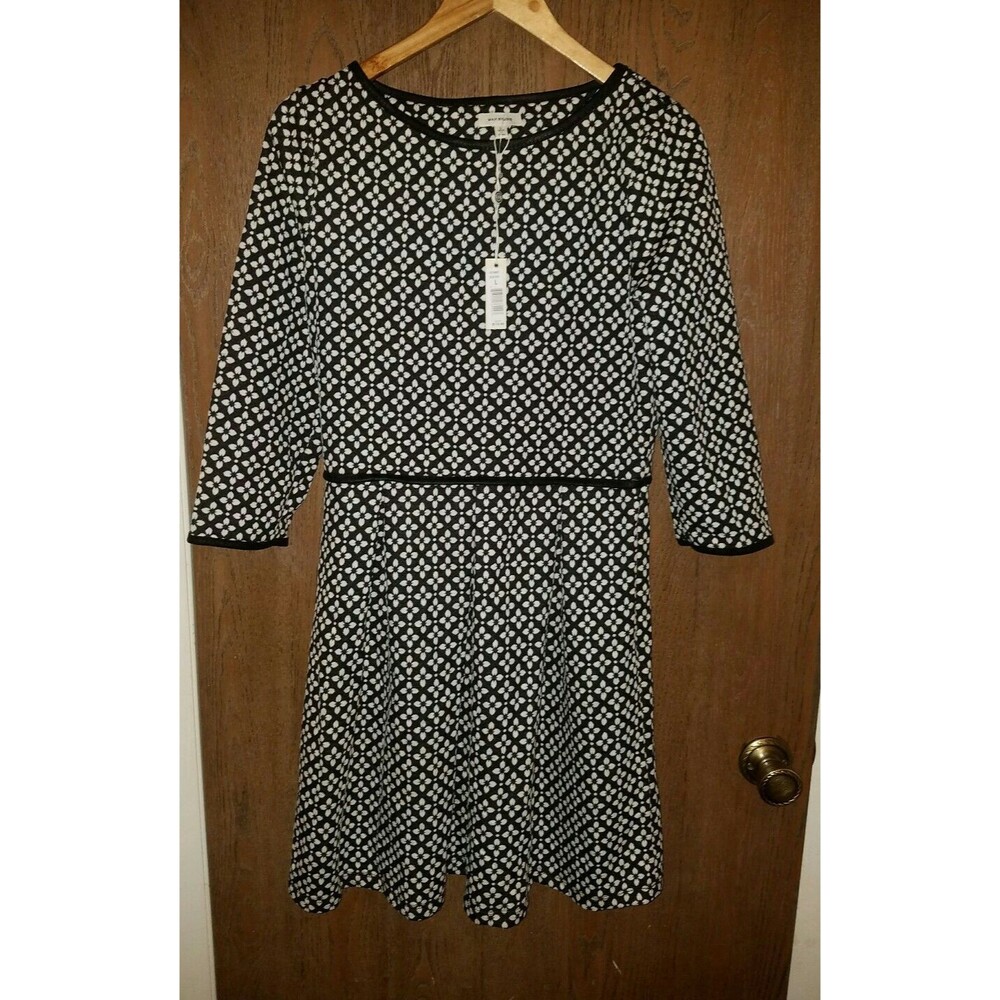 Womens Max Studio 3/4 Sleeve Black/Ivory Jacquard Fit & Flare Dress Size Large